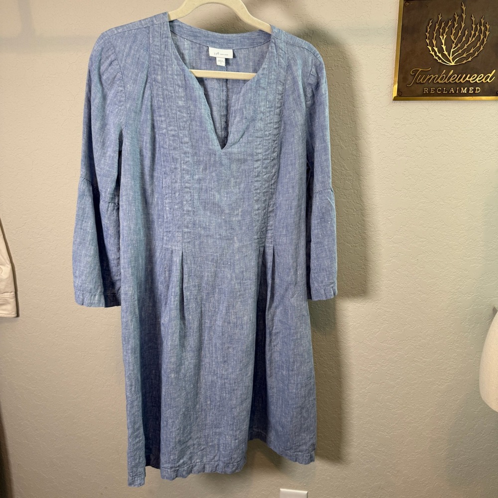 J. Jill Love Linen Blue Chambray Split Neck Pleated Bell Sleeve Shift Dress M